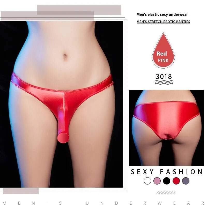Men's shiny nylon low waist T-back underwear in black, white, grey, red or pink