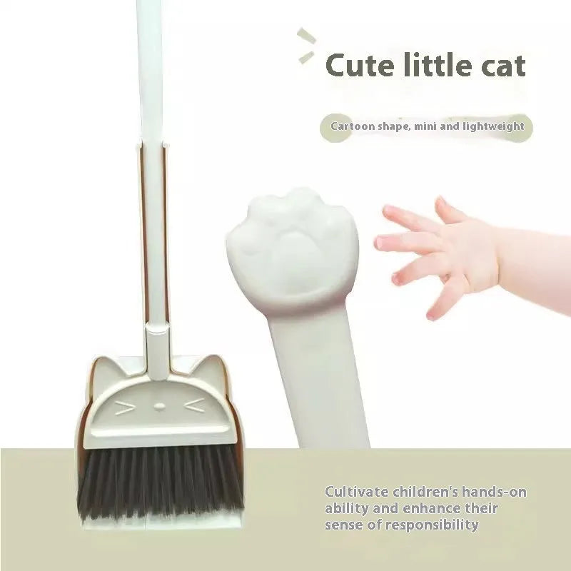 Purple, green, and beige plastic broom and dustpan set with rotating brush and storage holder