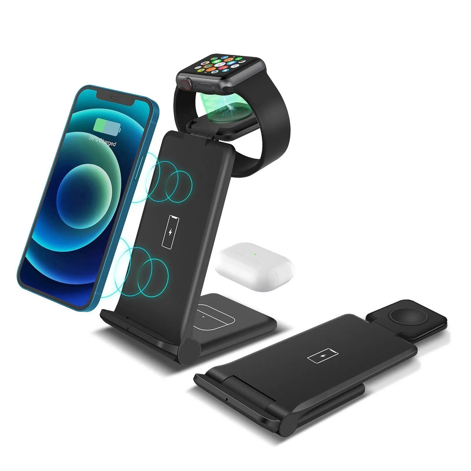 Black and white 3 in 1 foldable wireless charging station for iPhone, AirPods and Apple Watch on a desk.