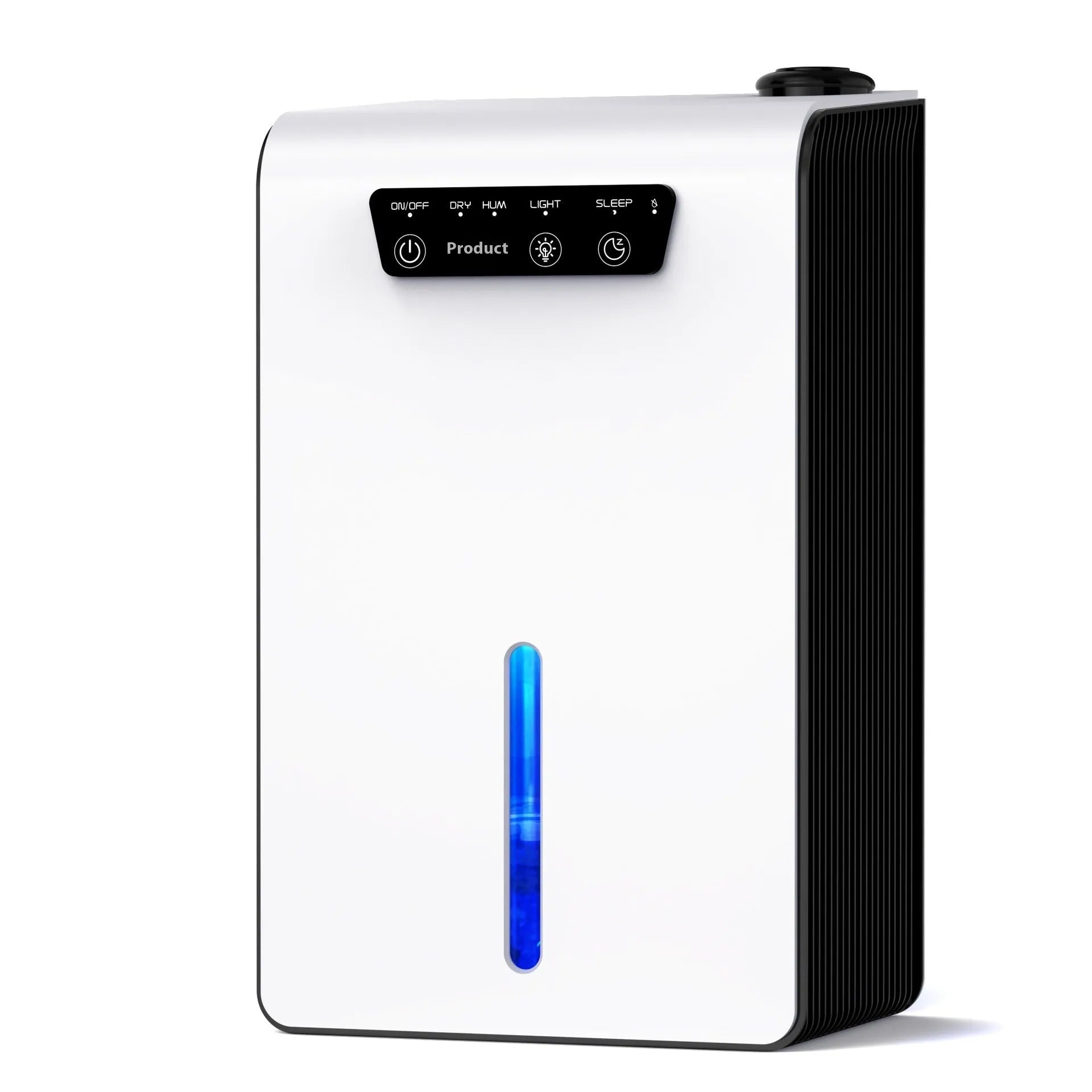 Milky white small household dehumidifier with water tank for bedroom use.