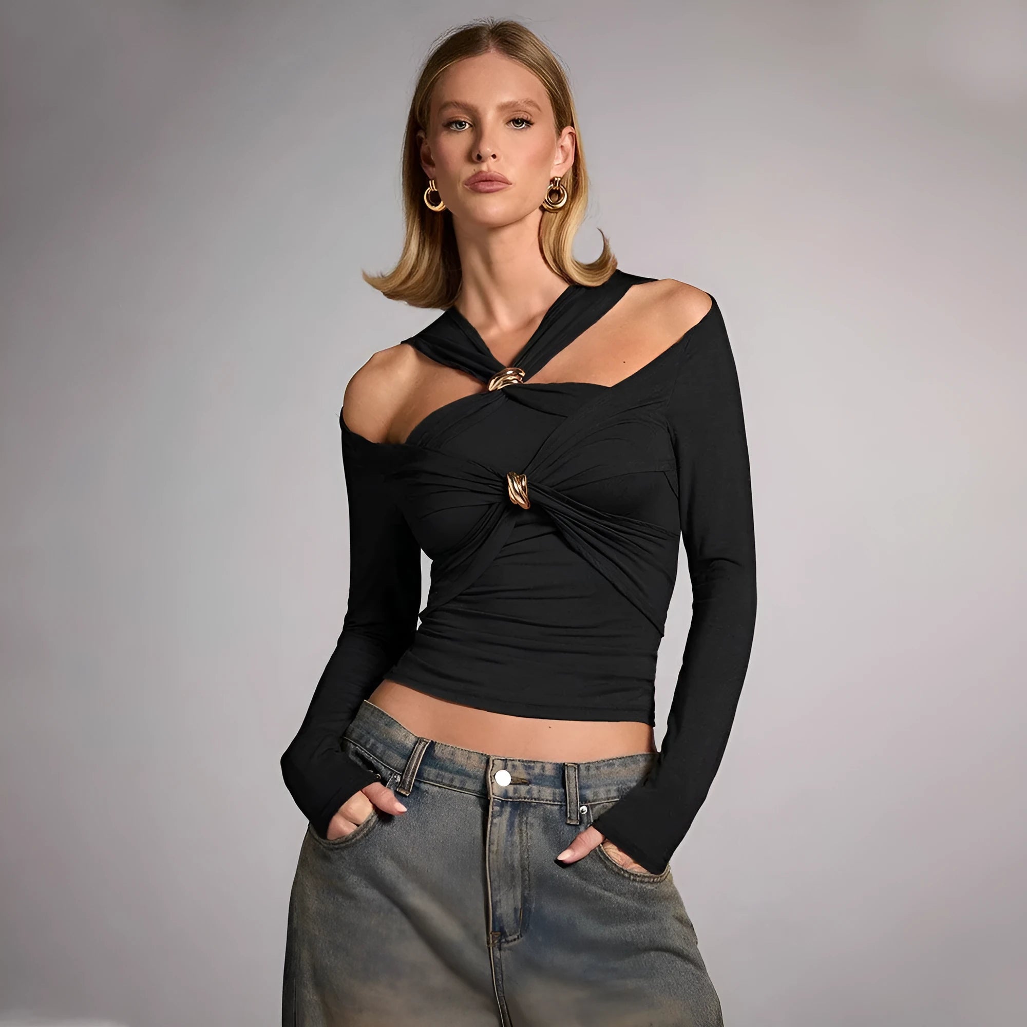 Black women's halter top with long sleeves and shoulder-baring design for slim fit fashion wear