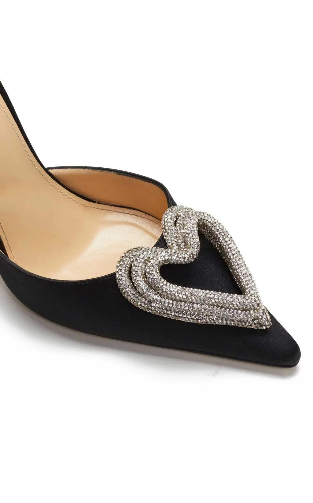 Women's pink satin sandal with heart-shaped rhinestone detail on pointed toe and adjustable ankle strap.