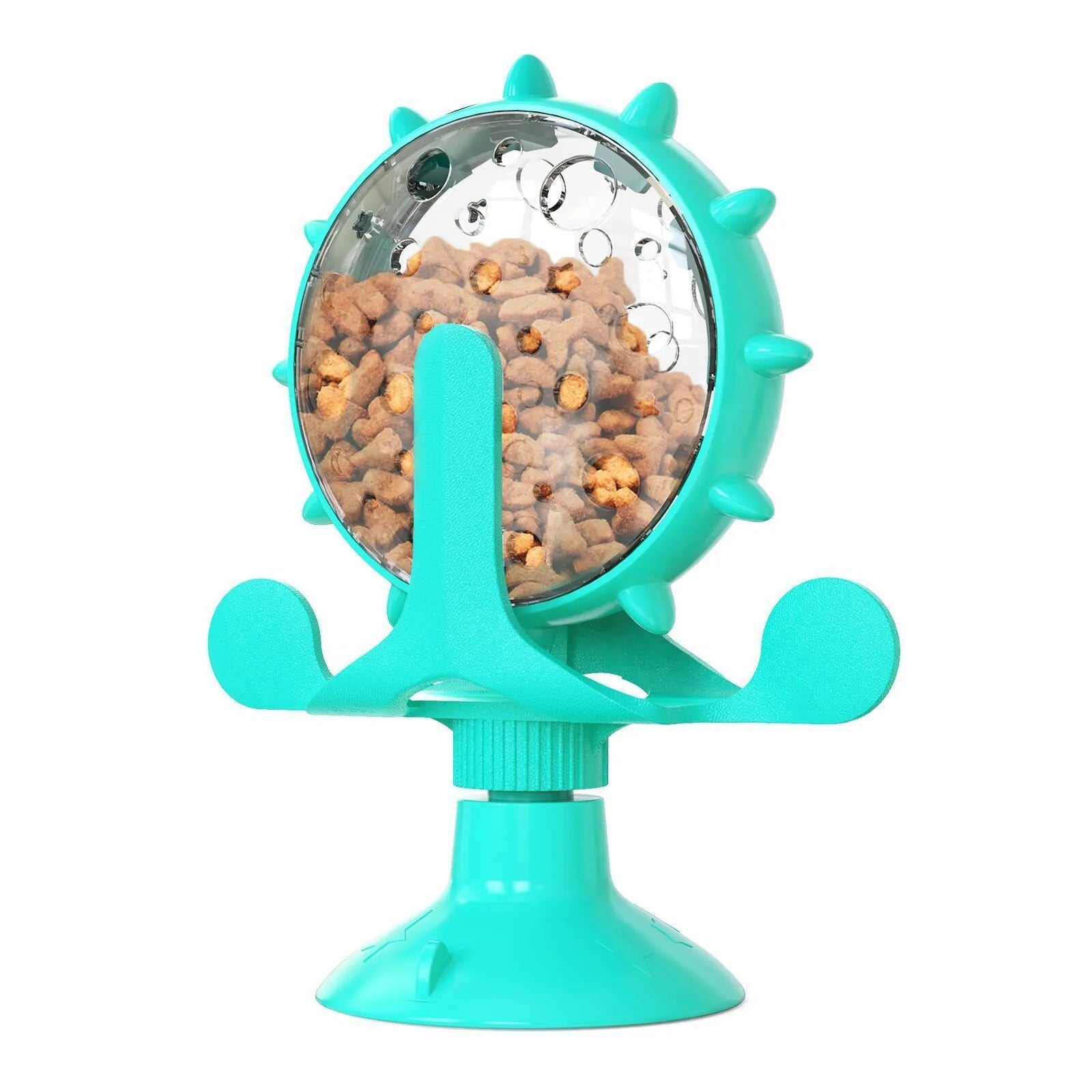 Interactive cat dog puzzle feeder toy with rotating spinner in blue green red yellow colours