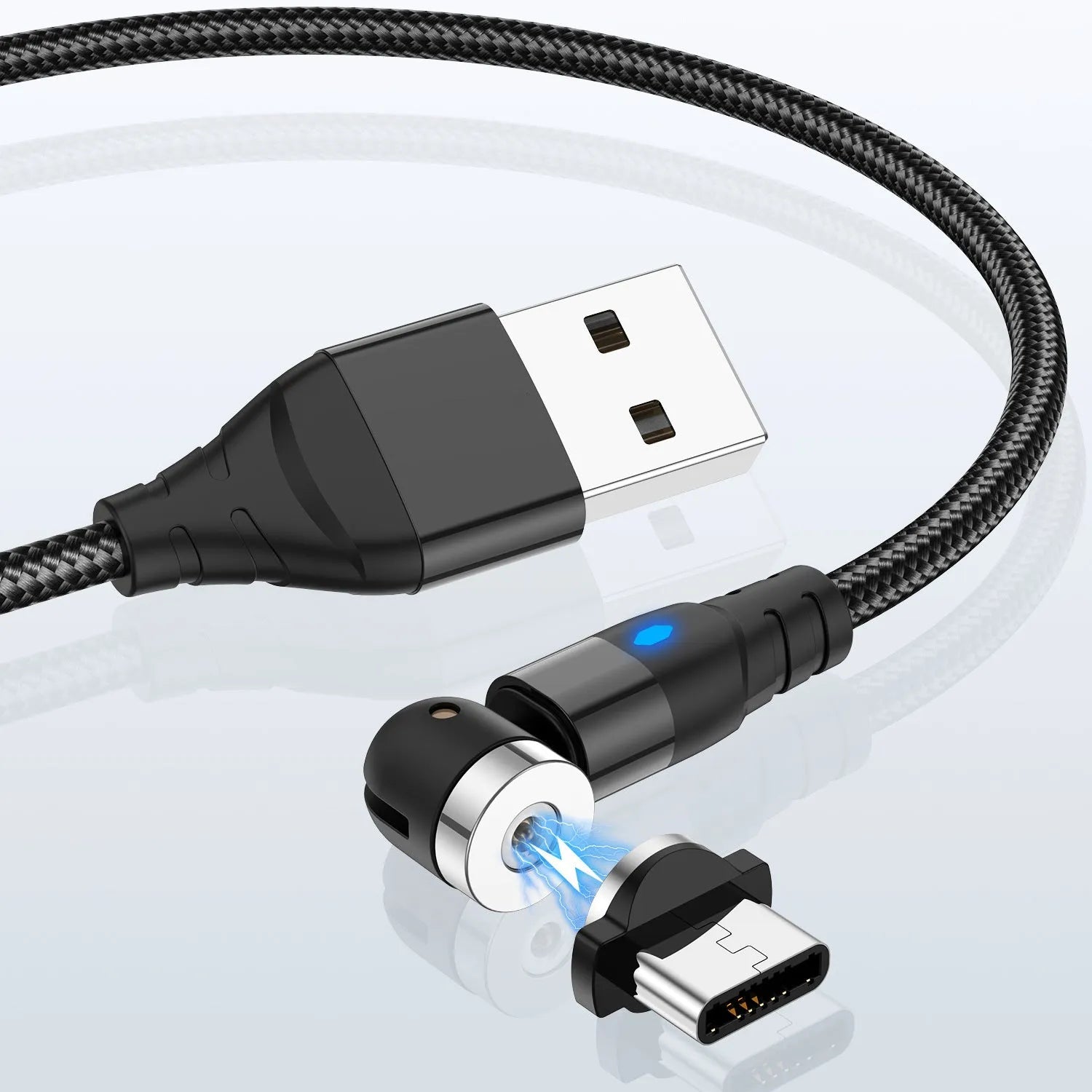 Black magnetic charging cable with LED diamond lamp, showing Android and Type-C magnetic connectors.