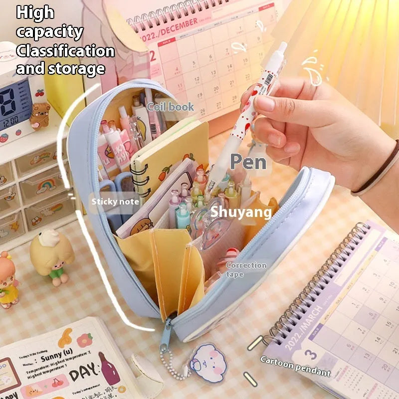 Transparent PVC student pencil case with cartoon design in candy bear, pink rabbit, blue dog, or purple dog colours