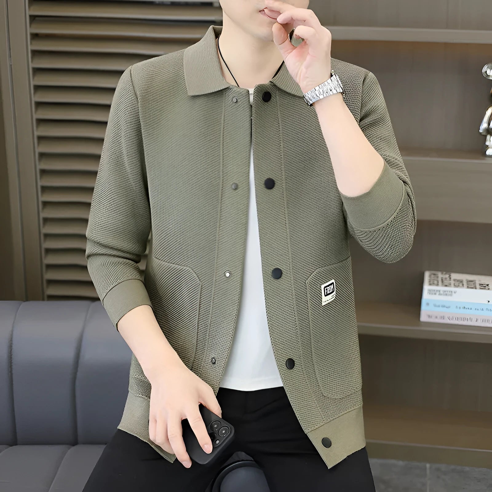 Fashion lapel sweater casual cardigan for youth in gray, black, khaki, loose fit, sizes 165 to 190