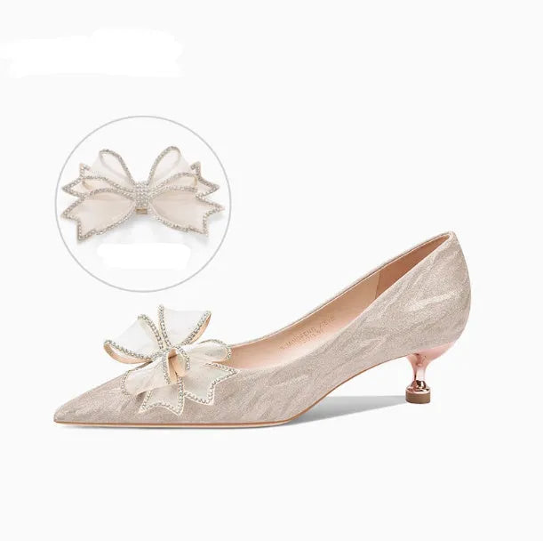 Champagne gold crystal sequined stiletto heel pumps with pointed toe for wedding banquets