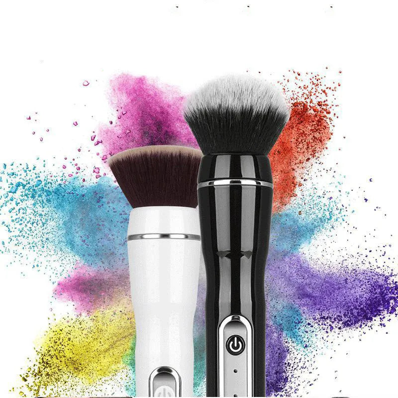 Electric makeup brush with white body, fibre wool bristles, and two rounded brush heads including foundation and blush applicators