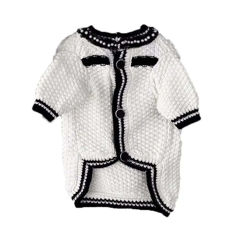Korean style white dog sweater with pearl collar for small dogs showing princess design and size options