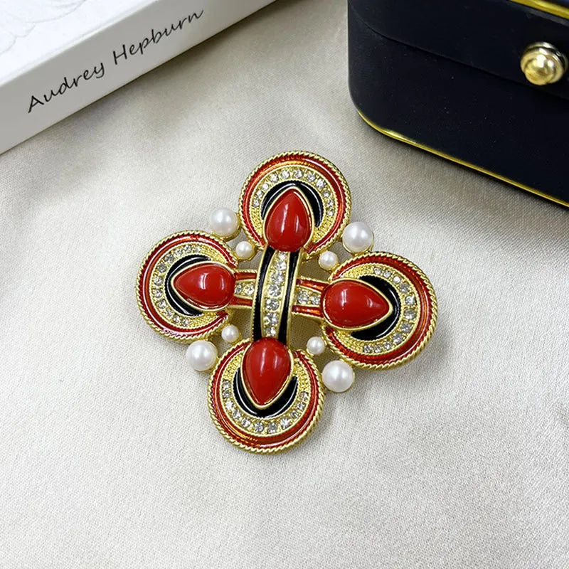 Medieval-style baroque cross brooch with crystal accents on zinc alloy in vintage design