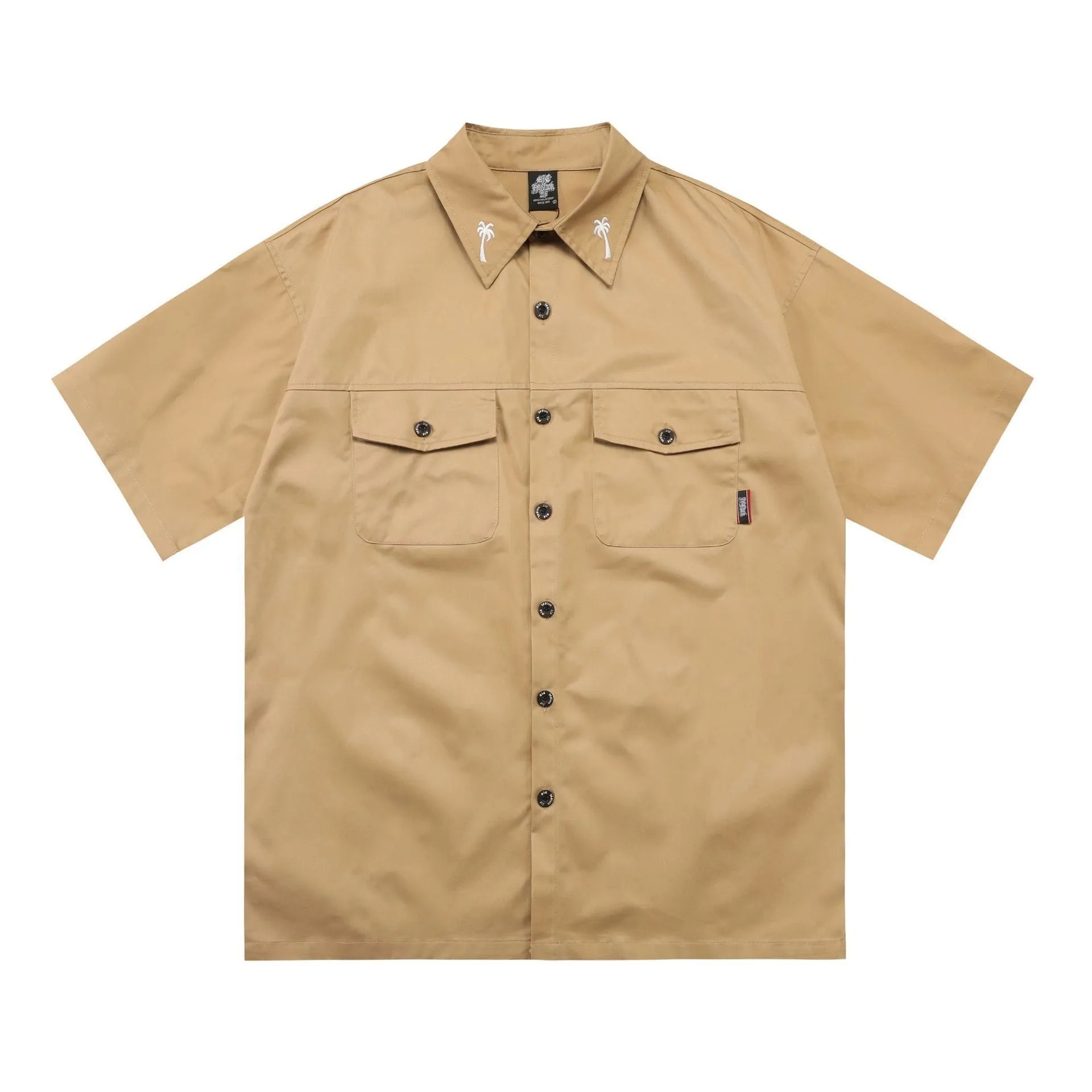 Men's loose black half-sleeve cotton shirt with embroidered chest pocket detail