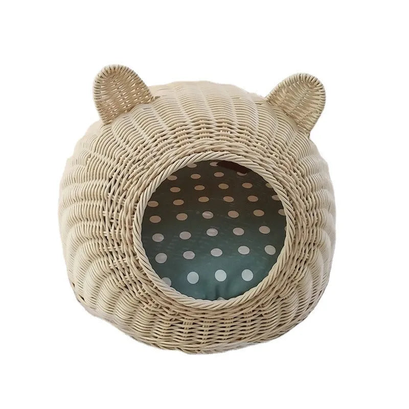 Rattan cat litter box with cat ears design, beige colour, enclosed pet nest with rattan and fabric construction