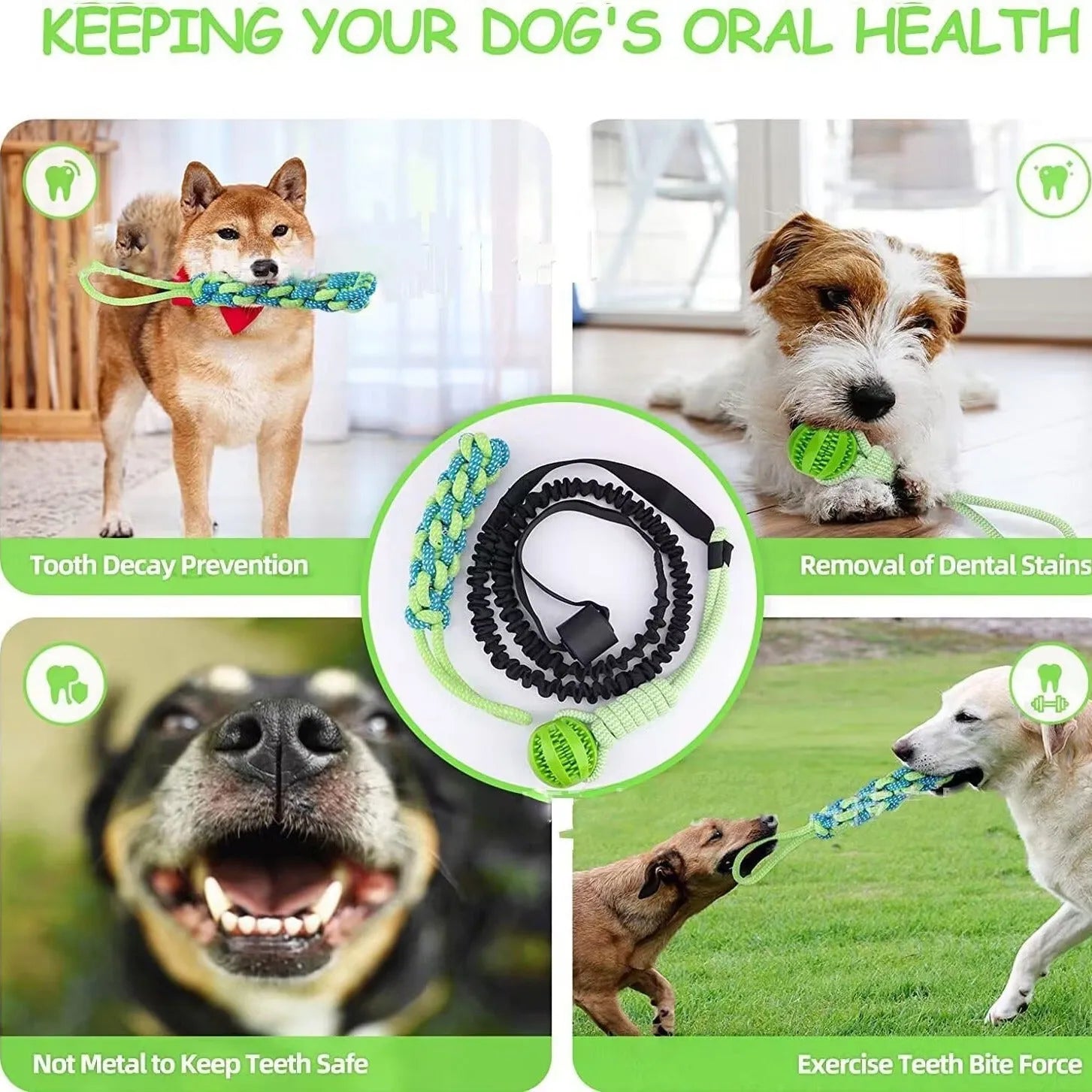 Green dog tug of war rope toy with cotton rope and a choice of corncob, teether ball, or handle draw attachments.