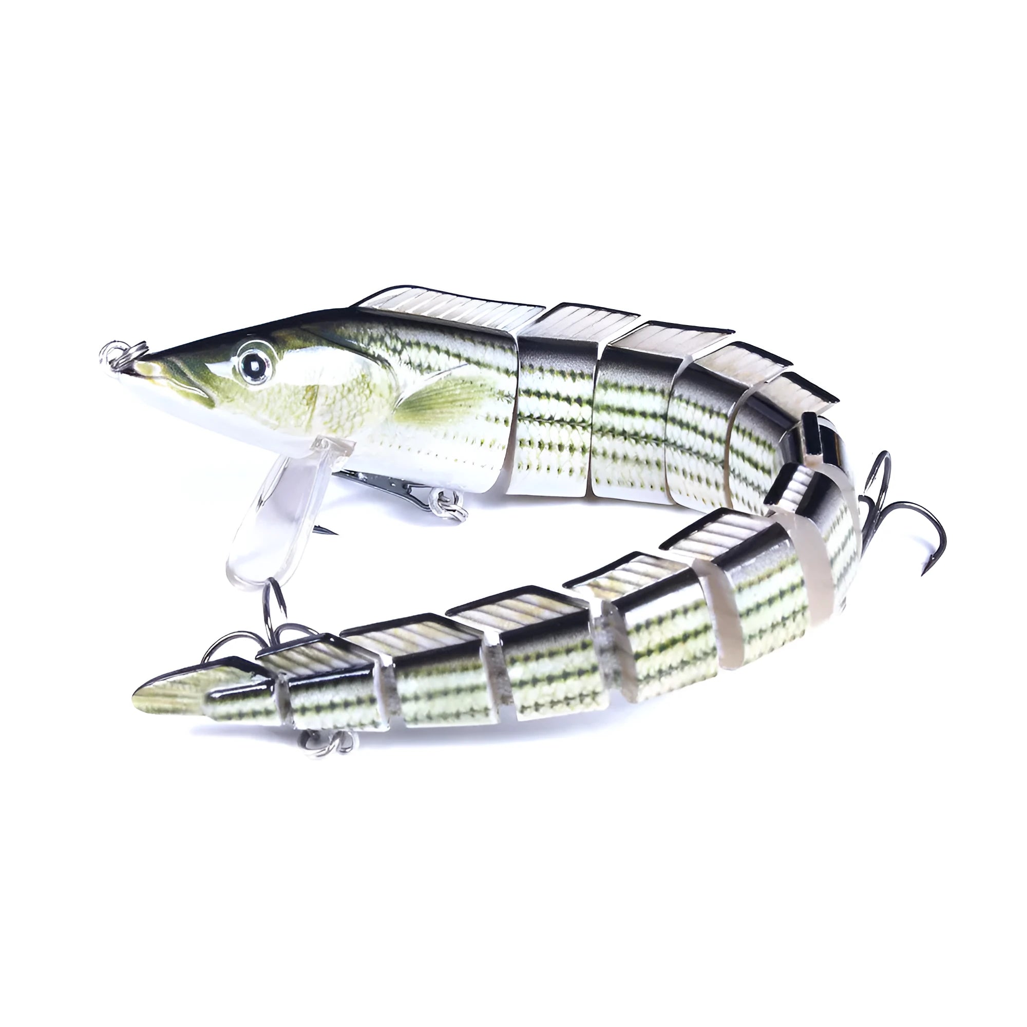 A multi-section simulated loach fishing lure measuring 23cm, shown with a weedless hook.