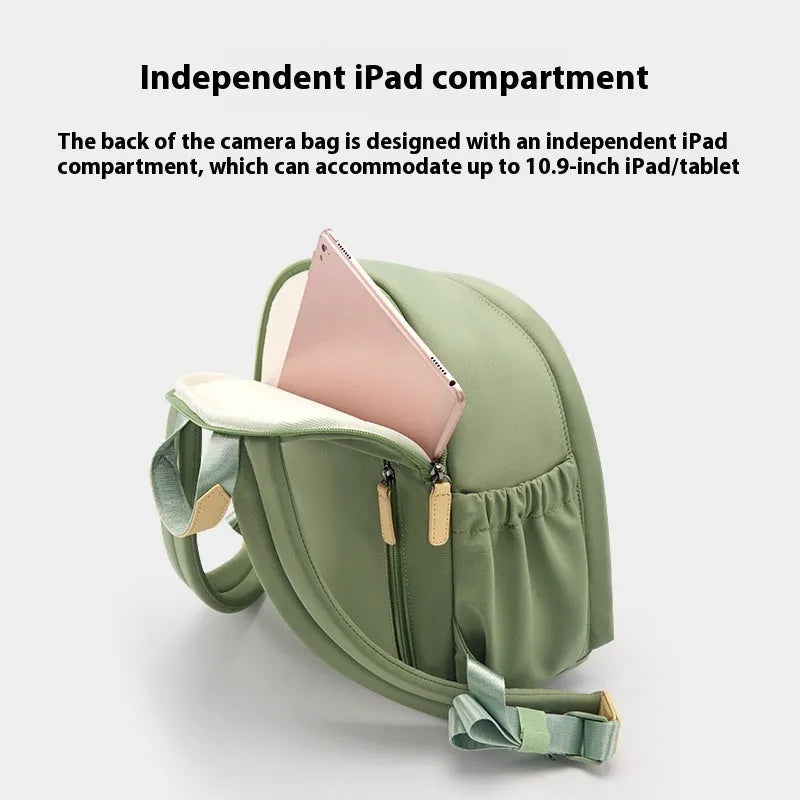 Solid colour shoulder camera bag for women with a detachable iPad compartment and a curve shoulder strap.