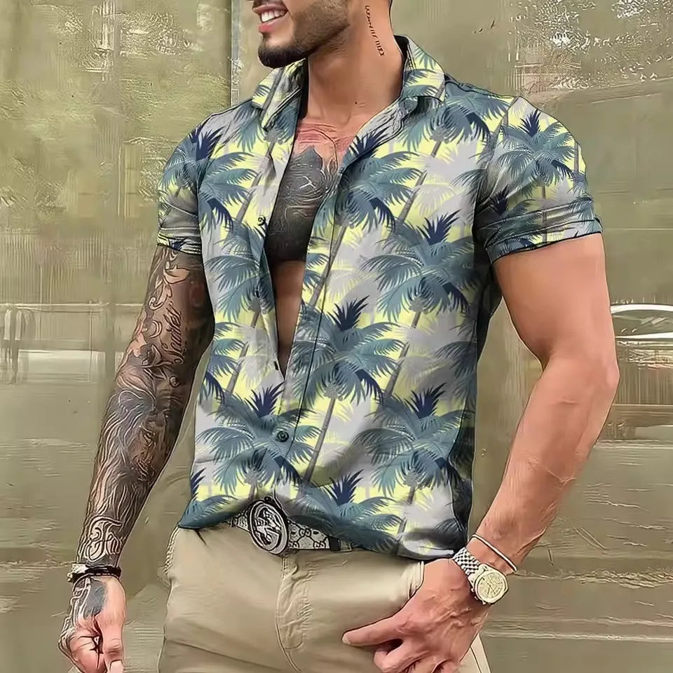 Man wearing a loose-fit short sleeve shirt with a colourful digital flower print pattern.
