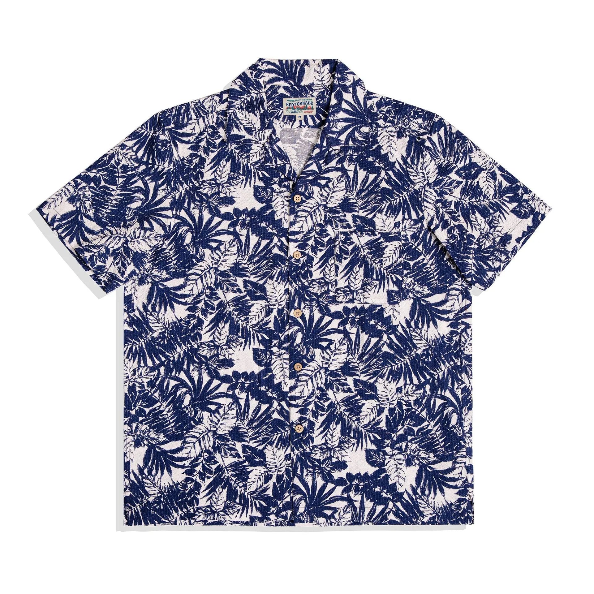 Vintage floral printed seersucker shirt with Cuban collar in loose fit, shown in blue and green colour options