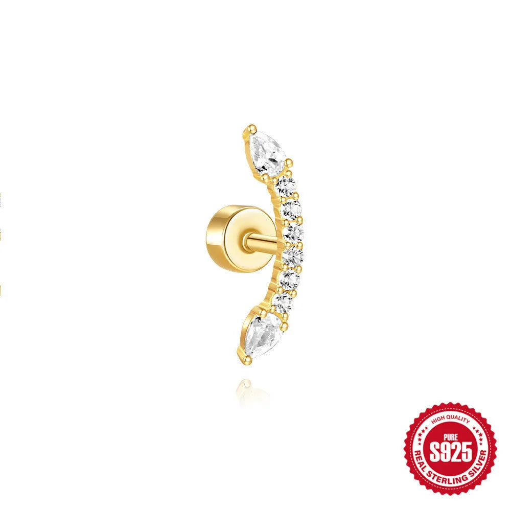 S925 sterling silver geometric flat column thread ear bone studs in gold plating.