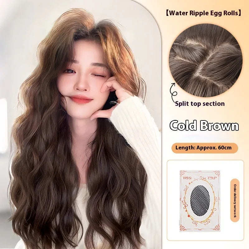 Women's long curly synthetic wig with side bangs in brown colour options