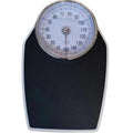 Black mechanical bathroom scale with large analogue dial display on white background