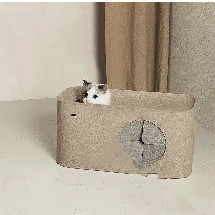 Khaki coloured foldable felt cat nest bed shown next to a grey one, demonstrating the two size options available.