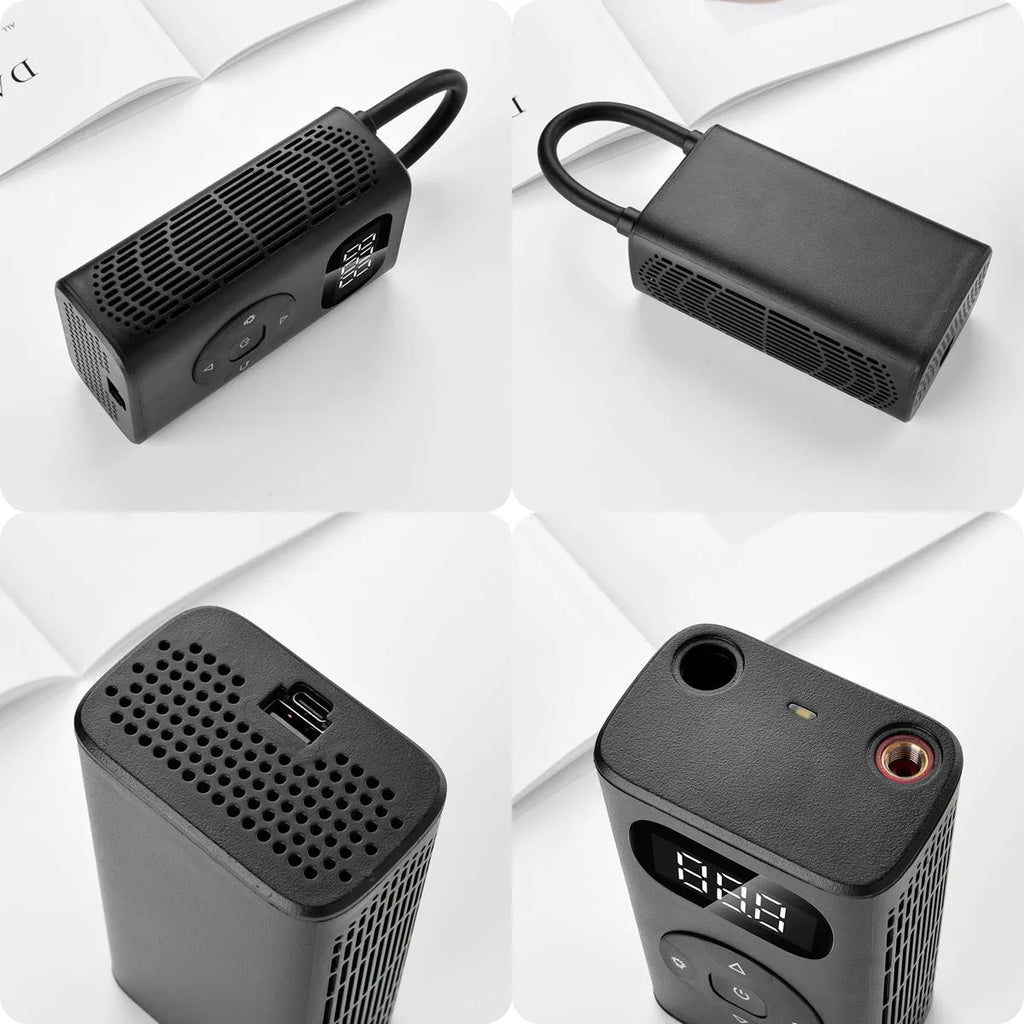 Black portable power bank tyre inflator with USB cable and 16cm hose for cars and bikes