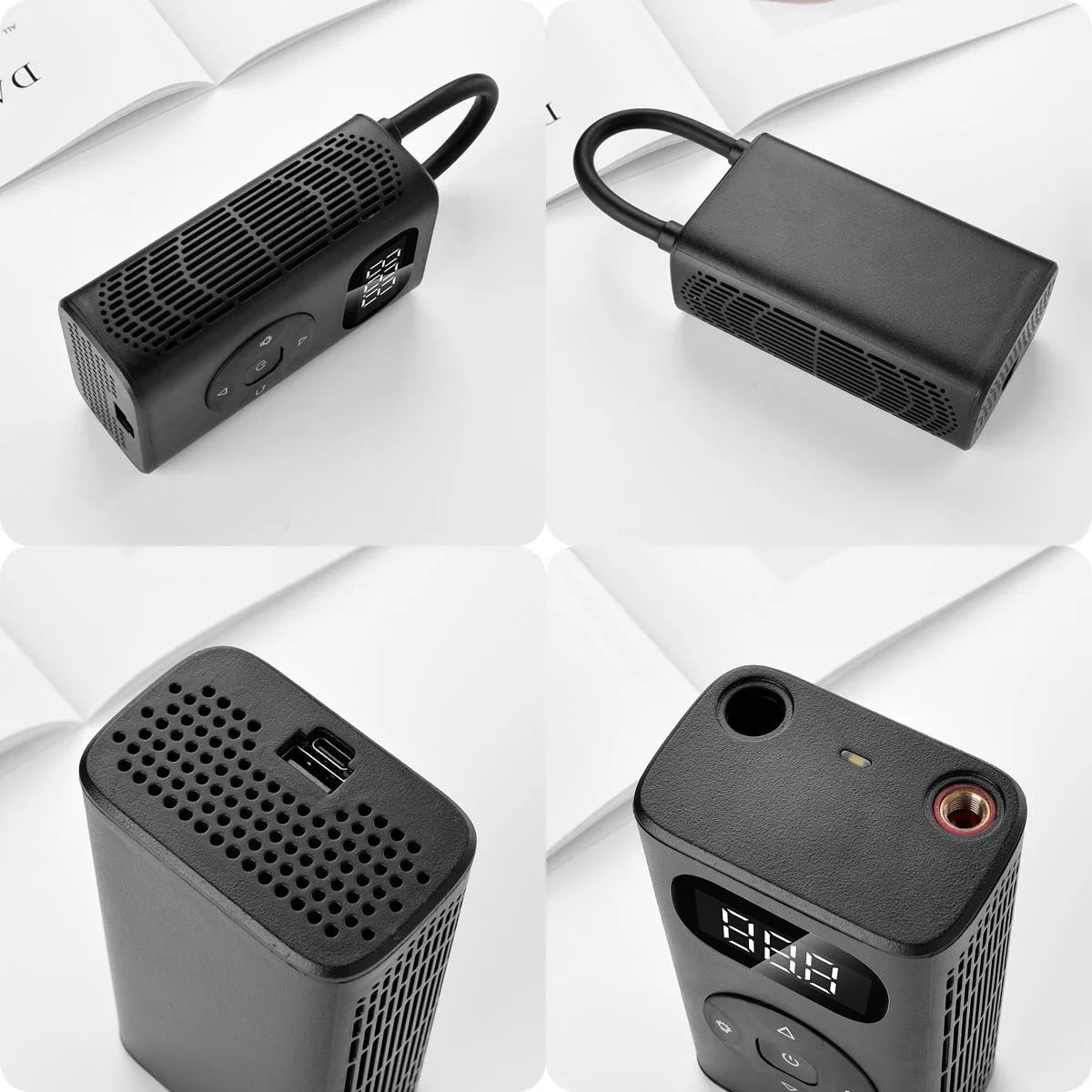 Black portable power bank tyre inflator with USB cable and 16cm hose for cars and bikes