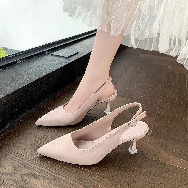 Suede pointed toe stiletto high heels in pink, blue, yellow, and apricot colours