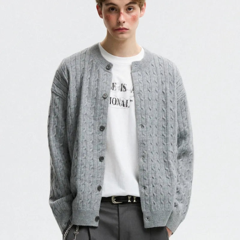 Twisted solid colour sweater cardigan for men and women in loose fit polyester, available in red navy blue blue white light floral gray