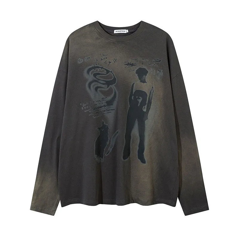 Loose grey cotton pullover top with drop shoulders and letter pattern print