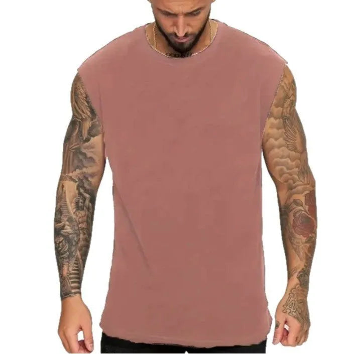 Men's loose fit sleeveless cotton tank top in solid colour on a hanger