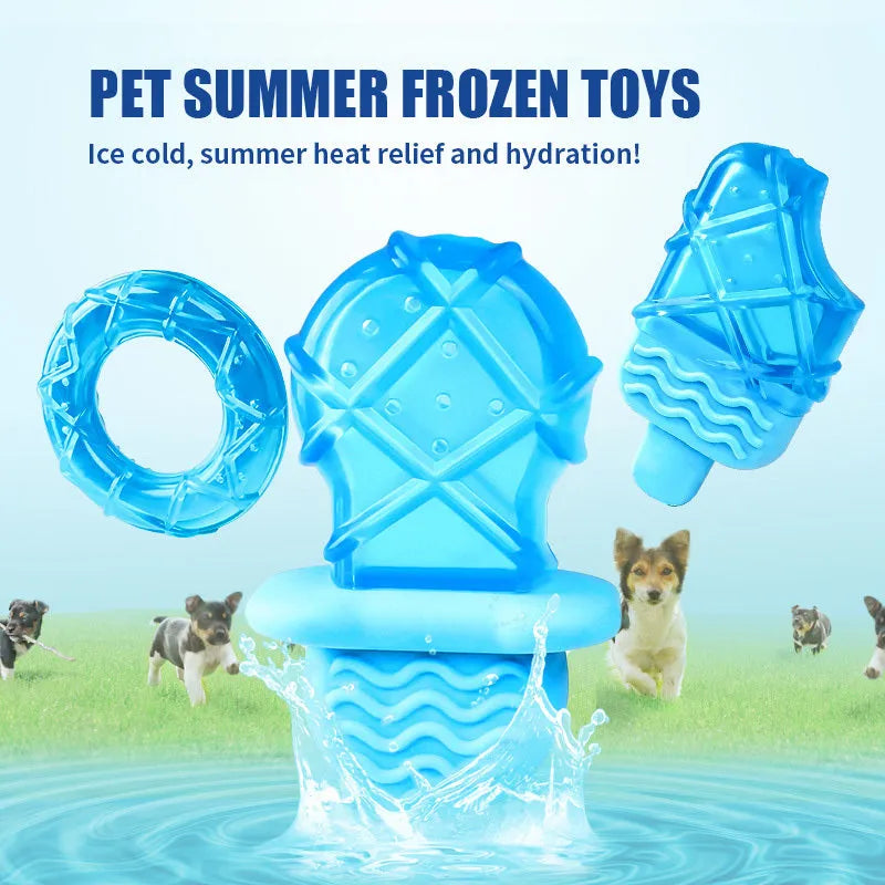 Assorted dog cooling toys including water-filled popsicles, silicone pacifier chews, and rope-attached ring in bright colours