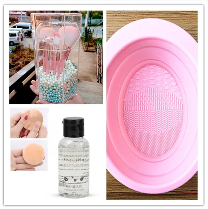 50ml makeup brush cleaning liquid in a clear plastic bottle with blue cap, 9x3x3cm size
