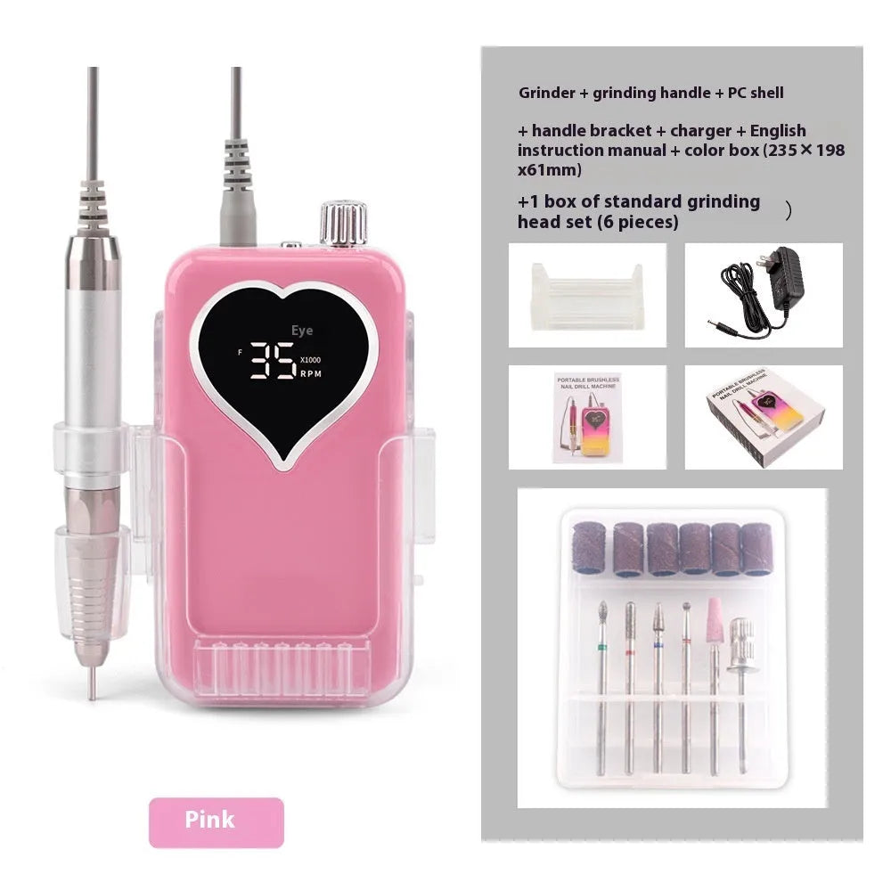 Brushless nail polishing machine with six-piece grinding head set and charger