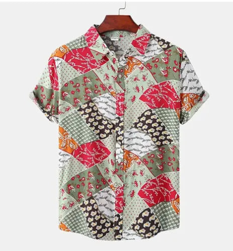 Men's casual fruit print Hawaiian shirt in apricot with short sleeves and lapel collar