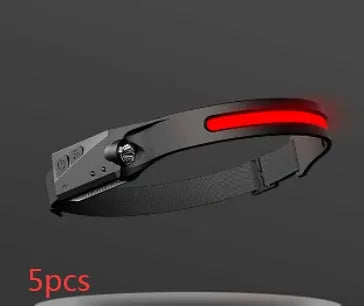COB LED induction headlamp with wide beam and side LED for long-distance lighting, USB rechargeable, silicone build