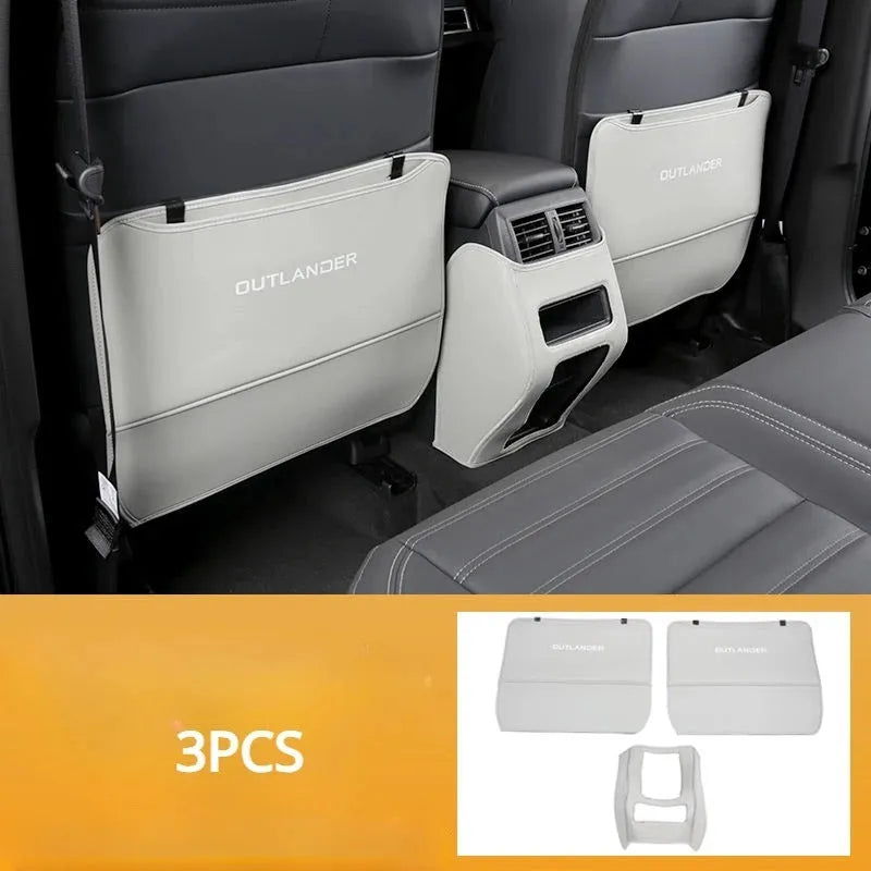 Set of three leather anti-kick pads for a Mitsubishi Outlander car seat armrest and box.