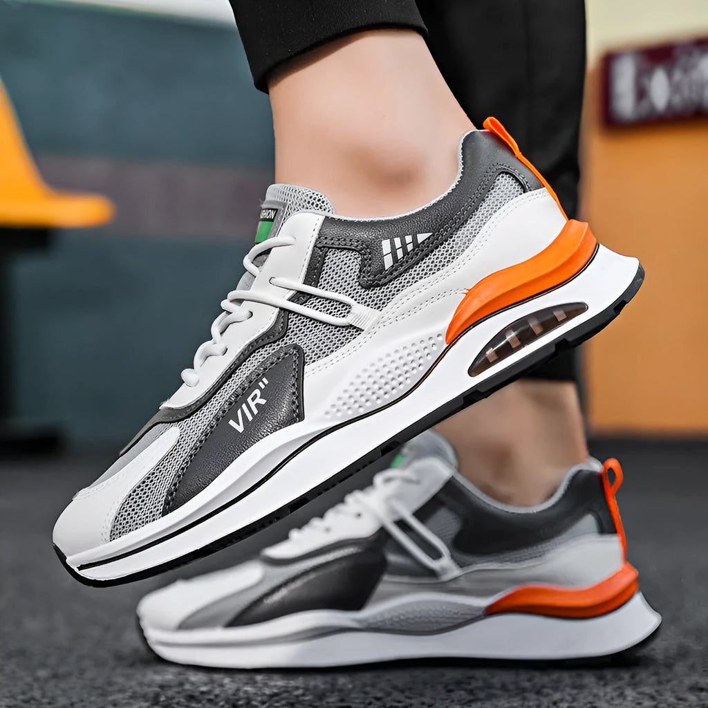 Men's grey breathable mesh running shoes with EVA sole and round toe design