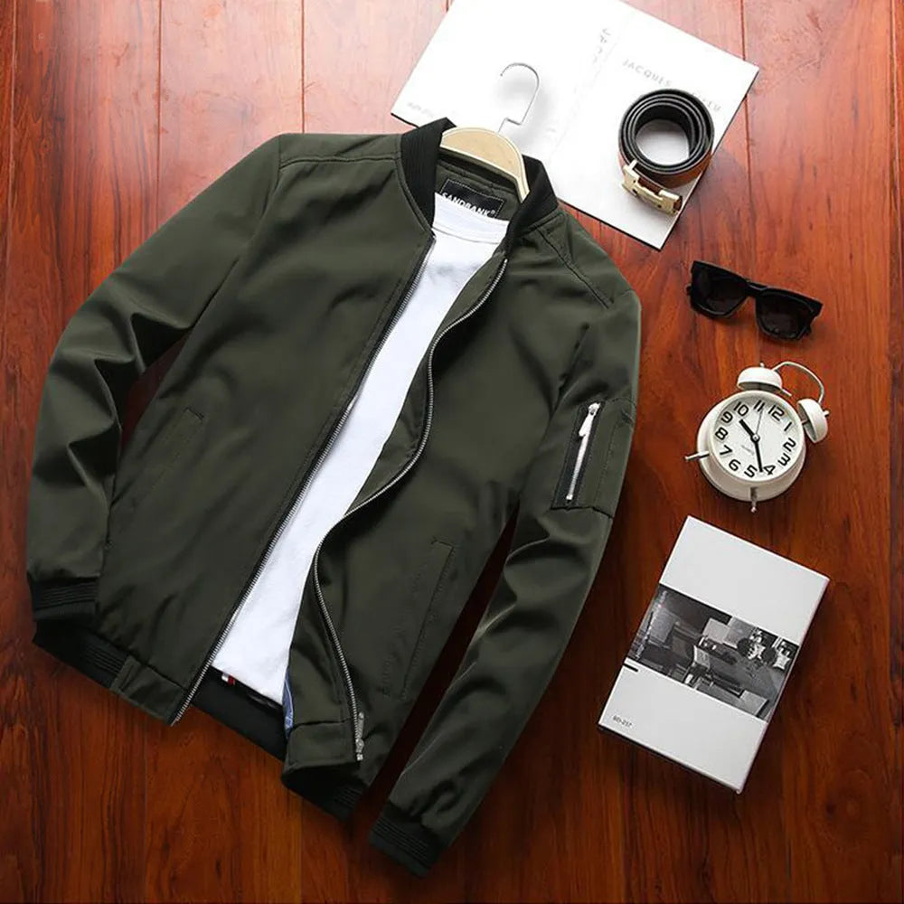 Men's slim fit casual baseball jacket with zipper closure and side pockets in a solid colour.