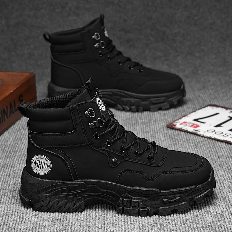 Men's black and yellow Martin boots with a mid-heel and high-top calf length.
