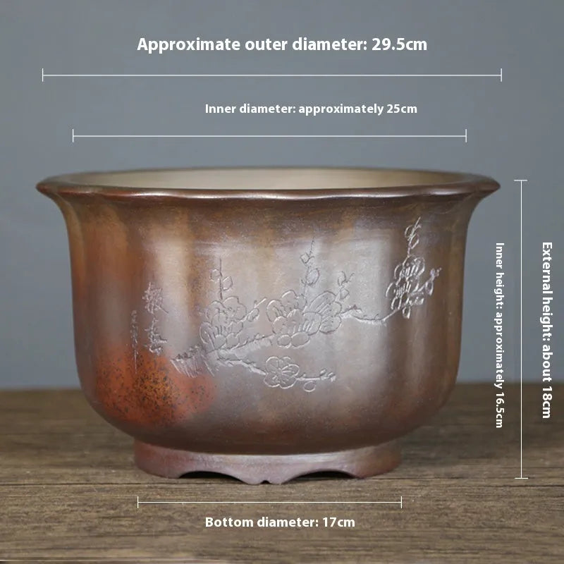 Antique carved purple sand ceramic bonsai pot with wood-burning pattern