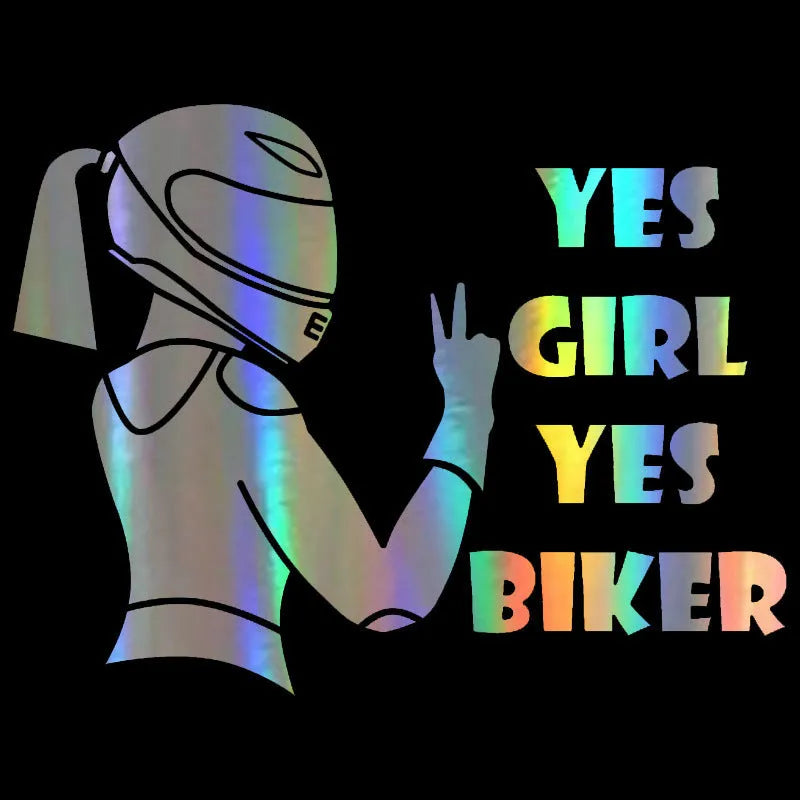 Cool girl rider character design car sticker in black, white, and laser colour options.