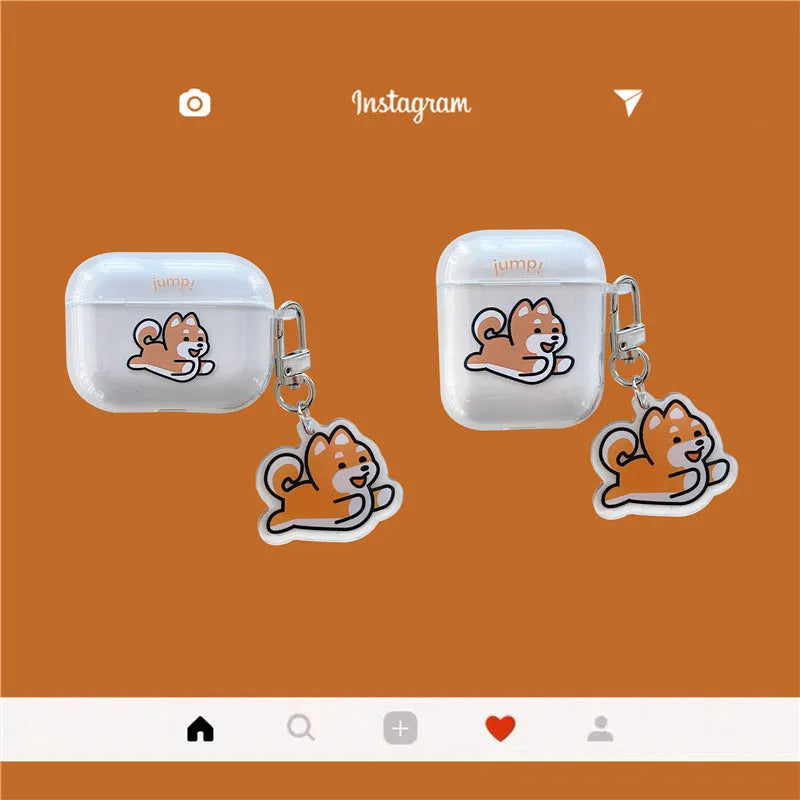 Transparent silicone headphone cover with jumping Shiba Inu pendant for AirPods Pro and AirPods 3