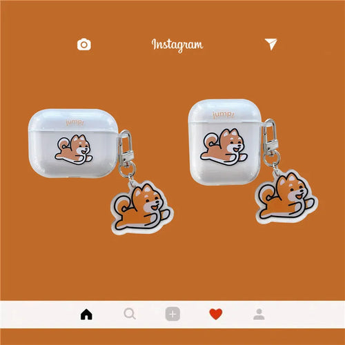 Transparent silicone headphone cover with jumping Shiba Inu pendant for AirPods Pro and AirPods 3
