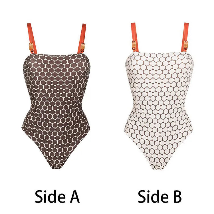 Women's printed one-piece swimsuit with matching wrap skirt set in dots pattern polyester fabric