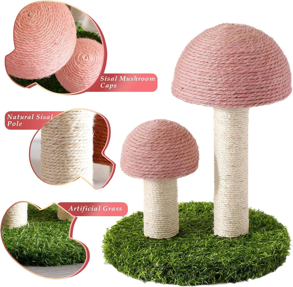Pink mushroom-shaped cat scratching post with natural sisal caps and pole for kittens