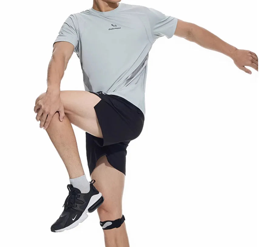 Black and blue four-point running shorts with laser punching stitching details on a mannequin.