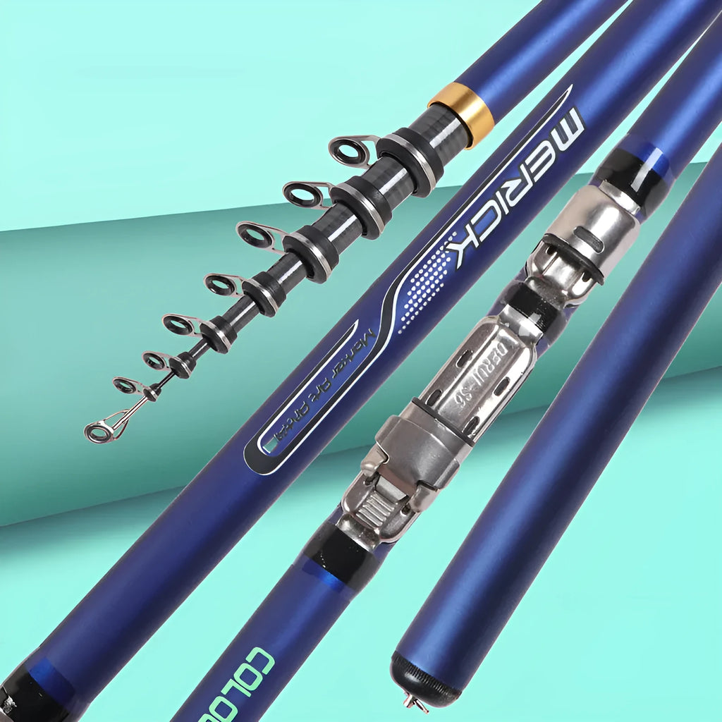 Blue telescopic carbon rock fishing rod extended on a rocky shore for sea fishing