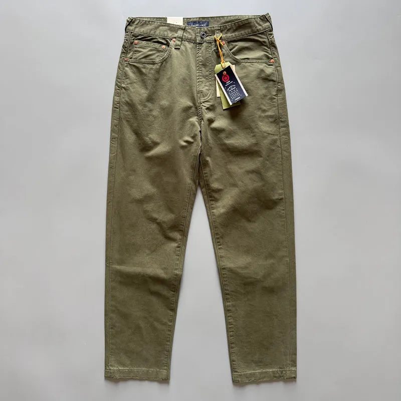 Men's straight-leg casual cotton trousers in Army Green colour on a mid-waist fit model.