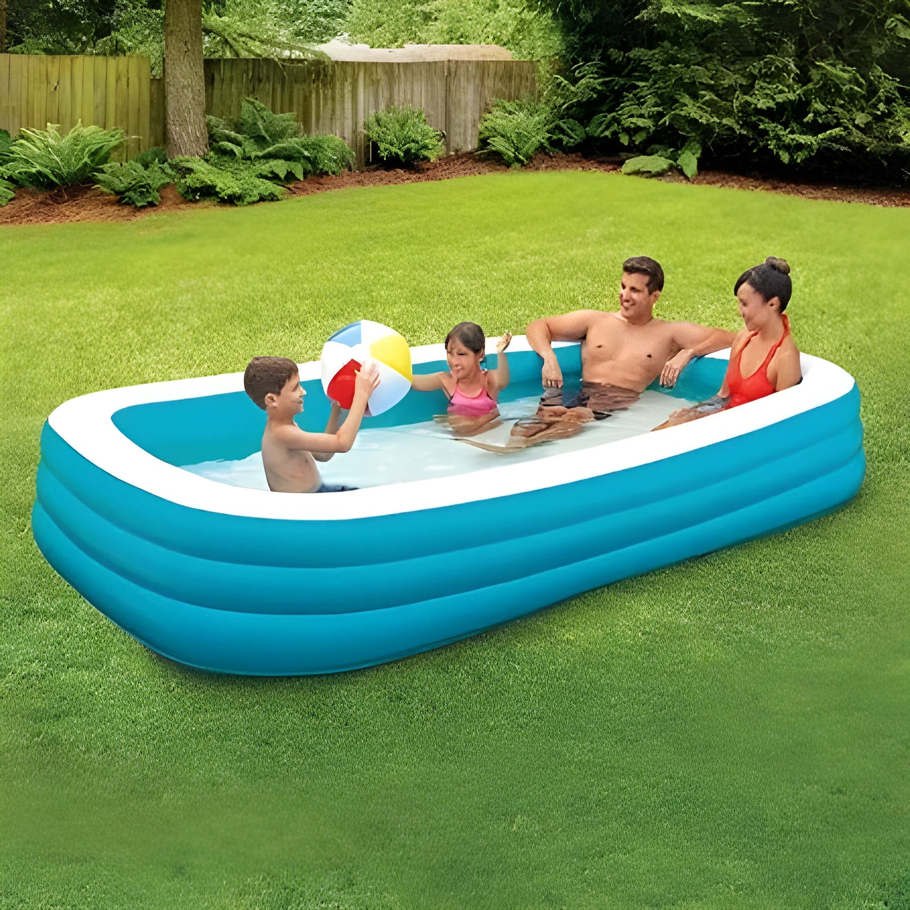 Blue and white rectangular inflatable PVC swimming pool 150cm x 110cm x 50cm in a garden setting